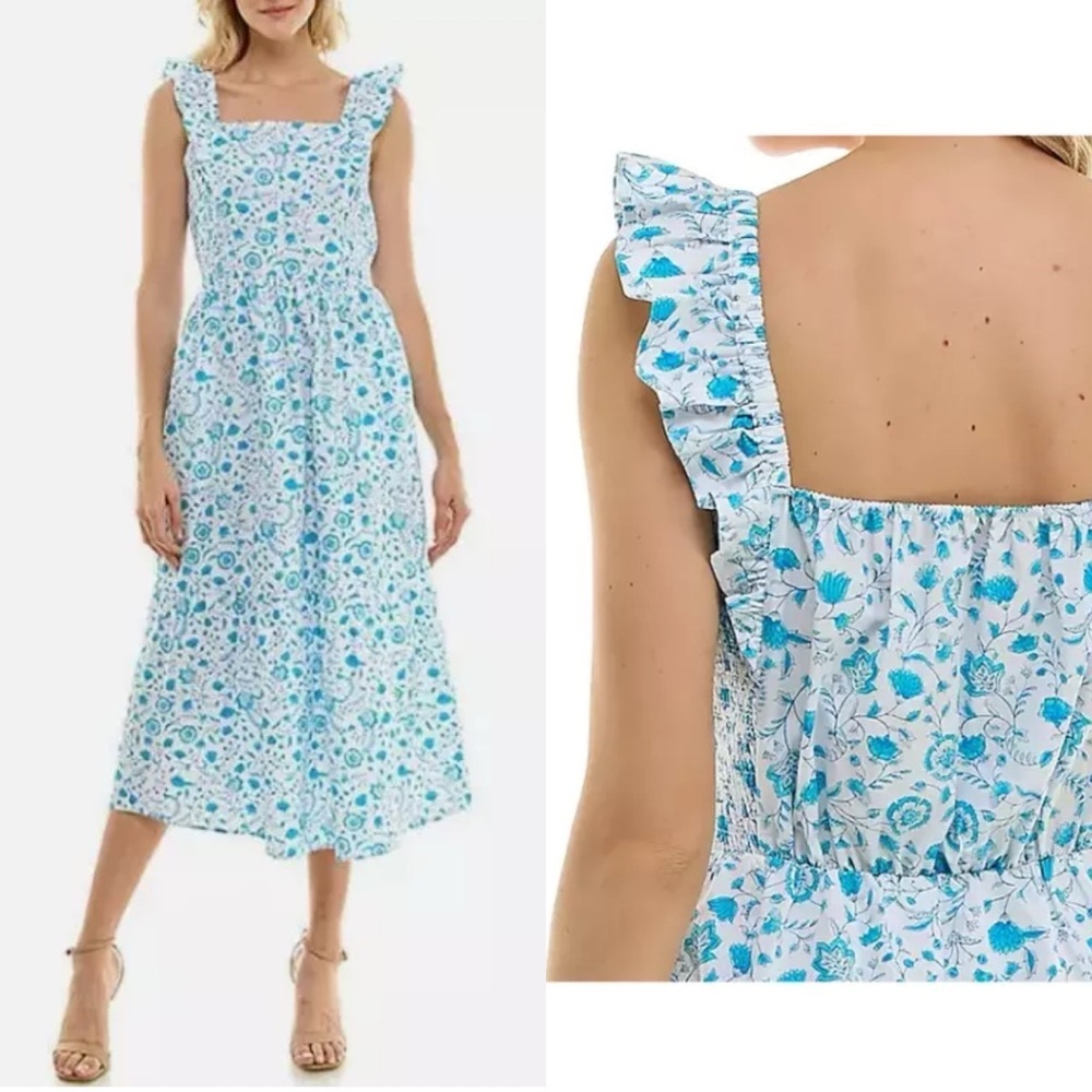 Draper James Women's Flutter Strap Smocked Midi Dress Sleeveless Blue Floral XL